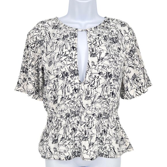 Open Edit Abstract Print Keyhole Blouse Black White Size XS - Picture 1 of 9